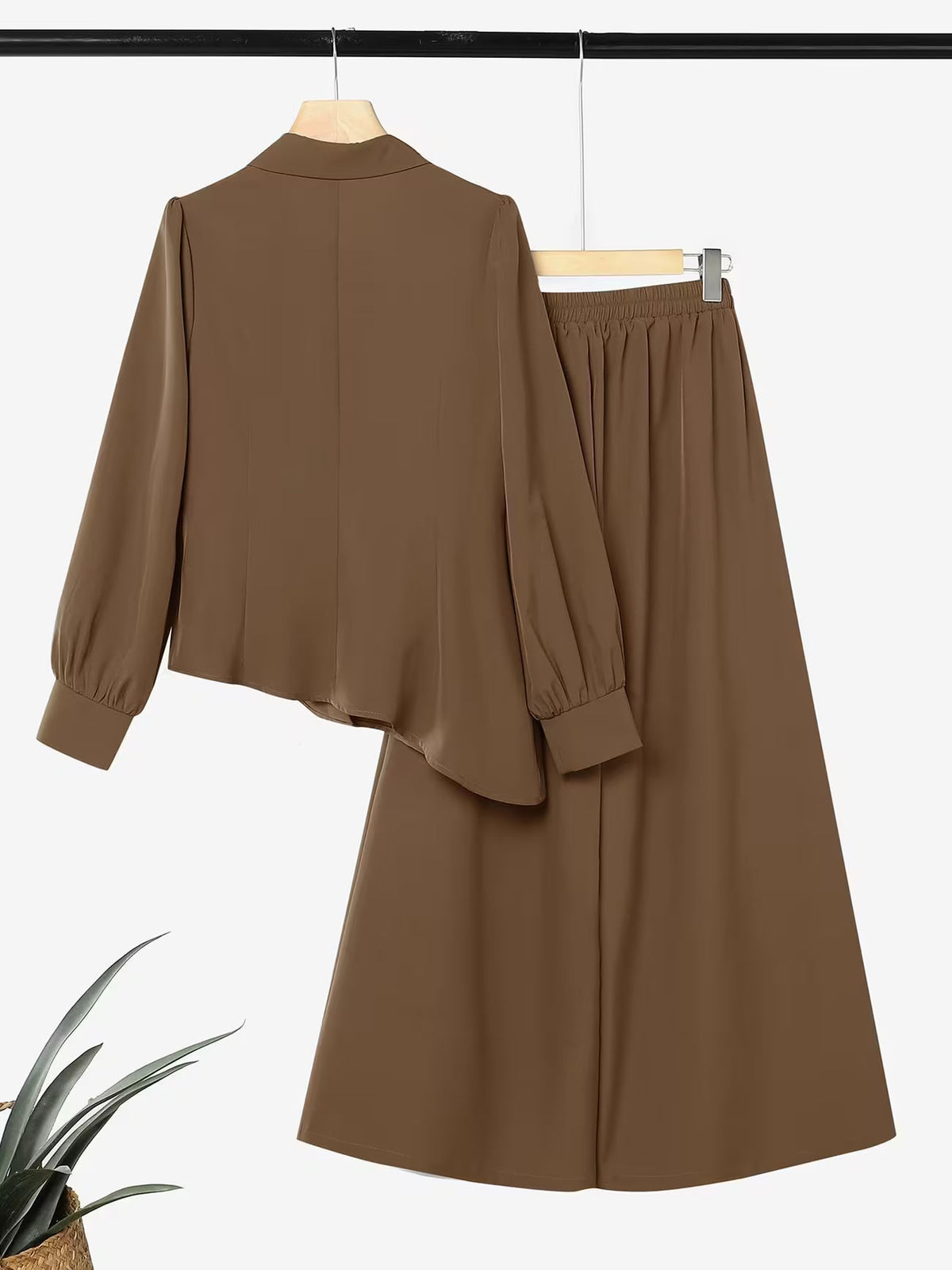 Button-Down Asymmetric Blouse and Wide-Leg Pants