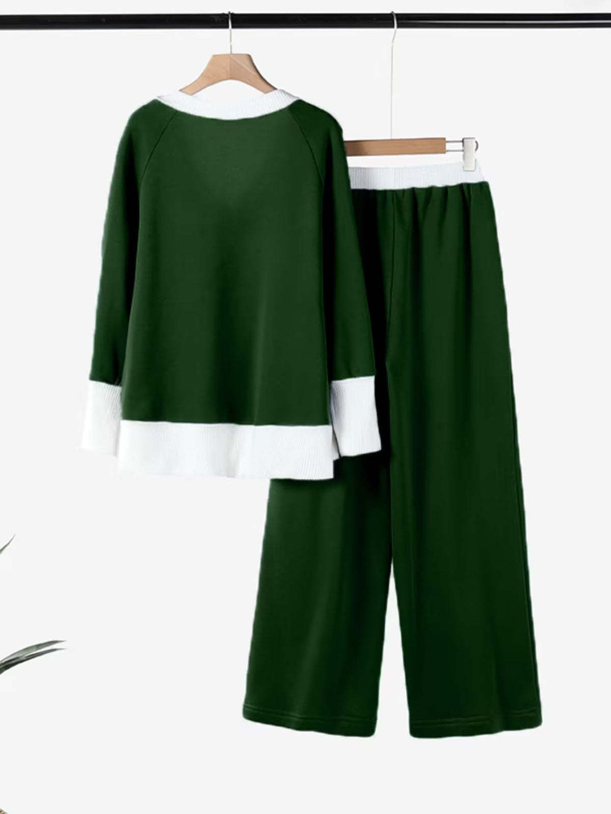Contrast Trim Sweater and Wide-Leg Pants Co-Ord Set