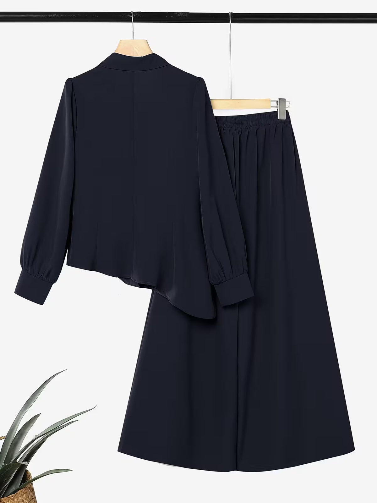 Button-Down Asymmetric Blouse and Wide-Leg Pants