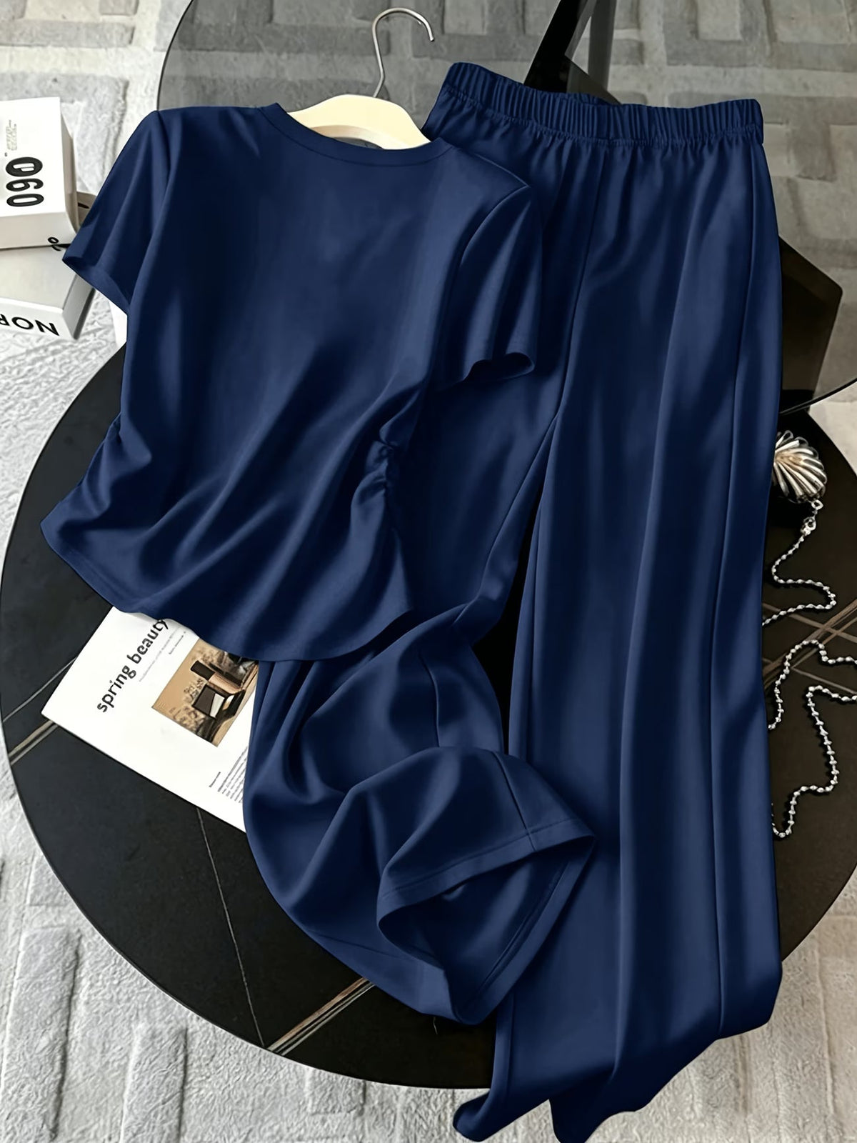 Contrast Trim Sweater and Wide-Leg Pants Co-Ord Set