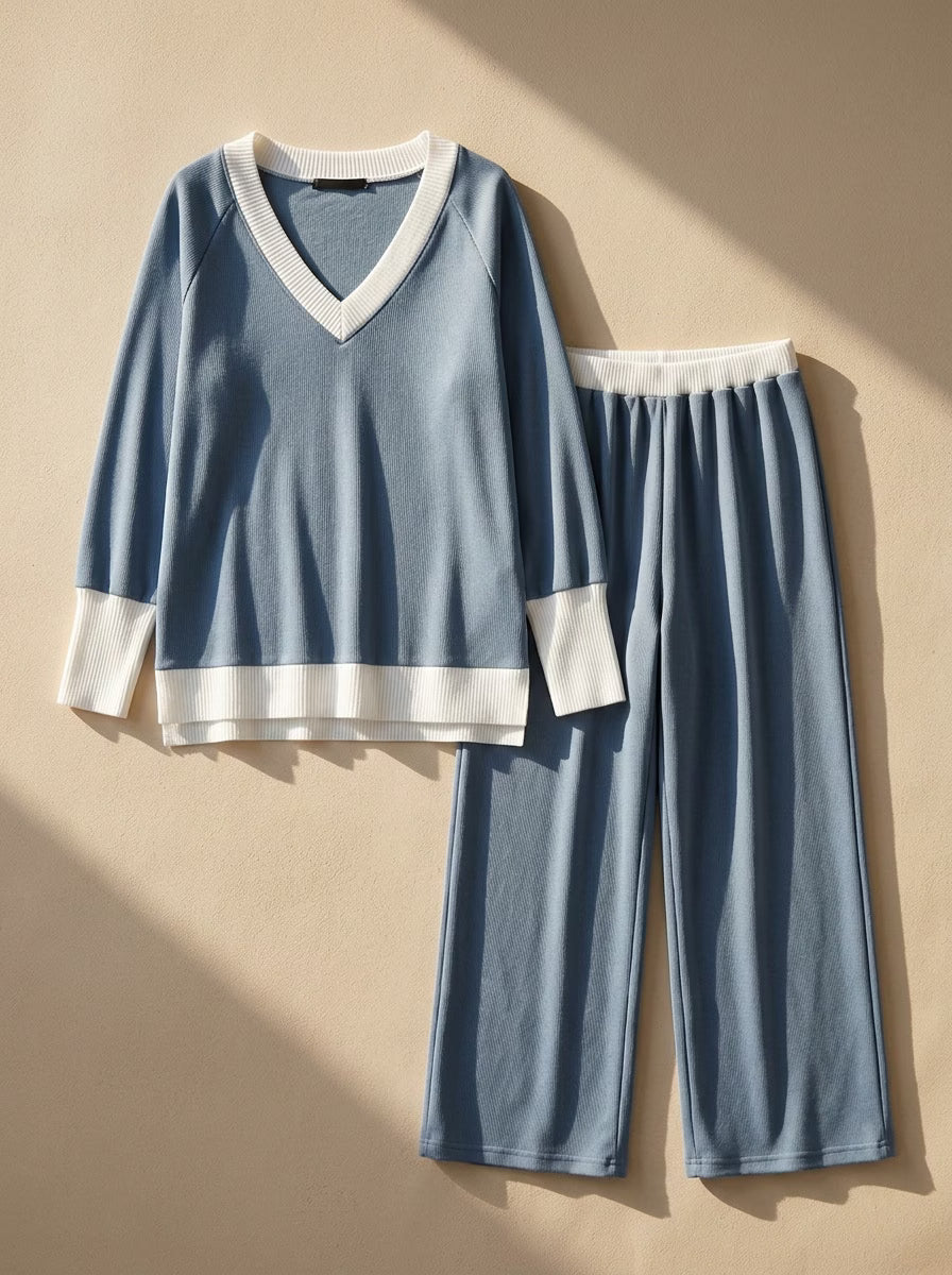 Contrast Trim Sweater and Wide-Leg Pants Co-Ord Set