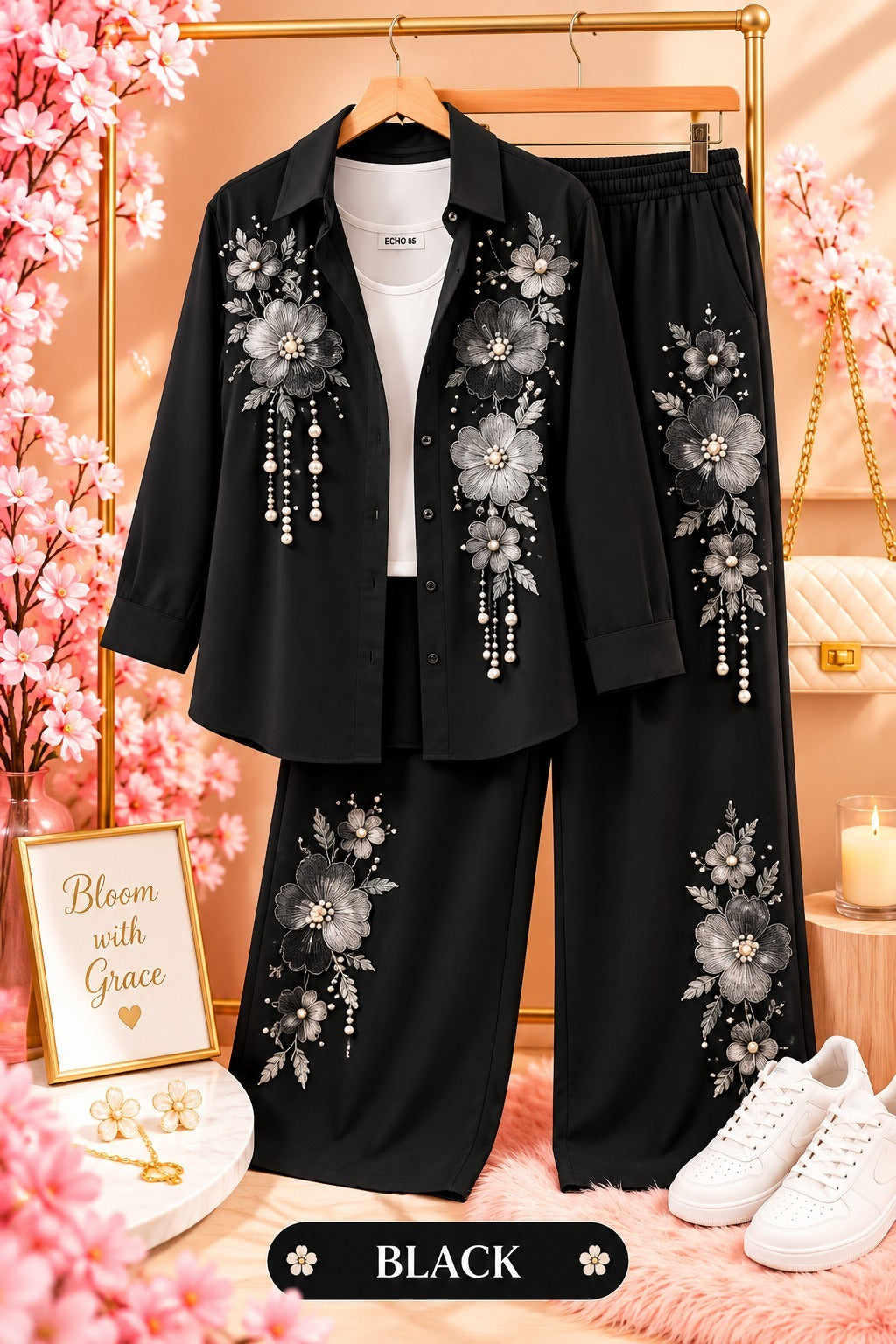Floral Embroidered Shirt and Wide-Leg Pants