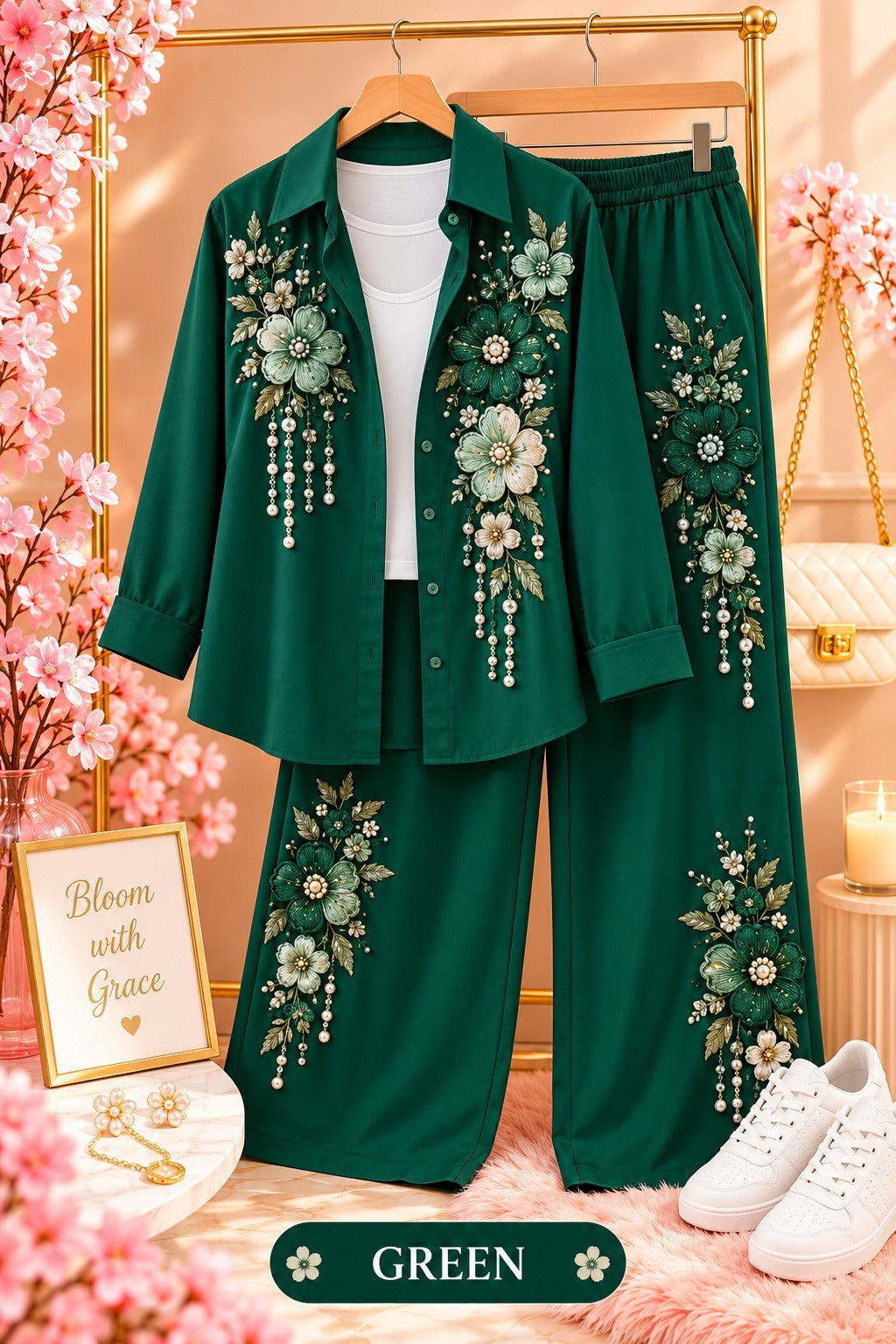 Floral Embroidered Shirt and Wide-Leg Pants