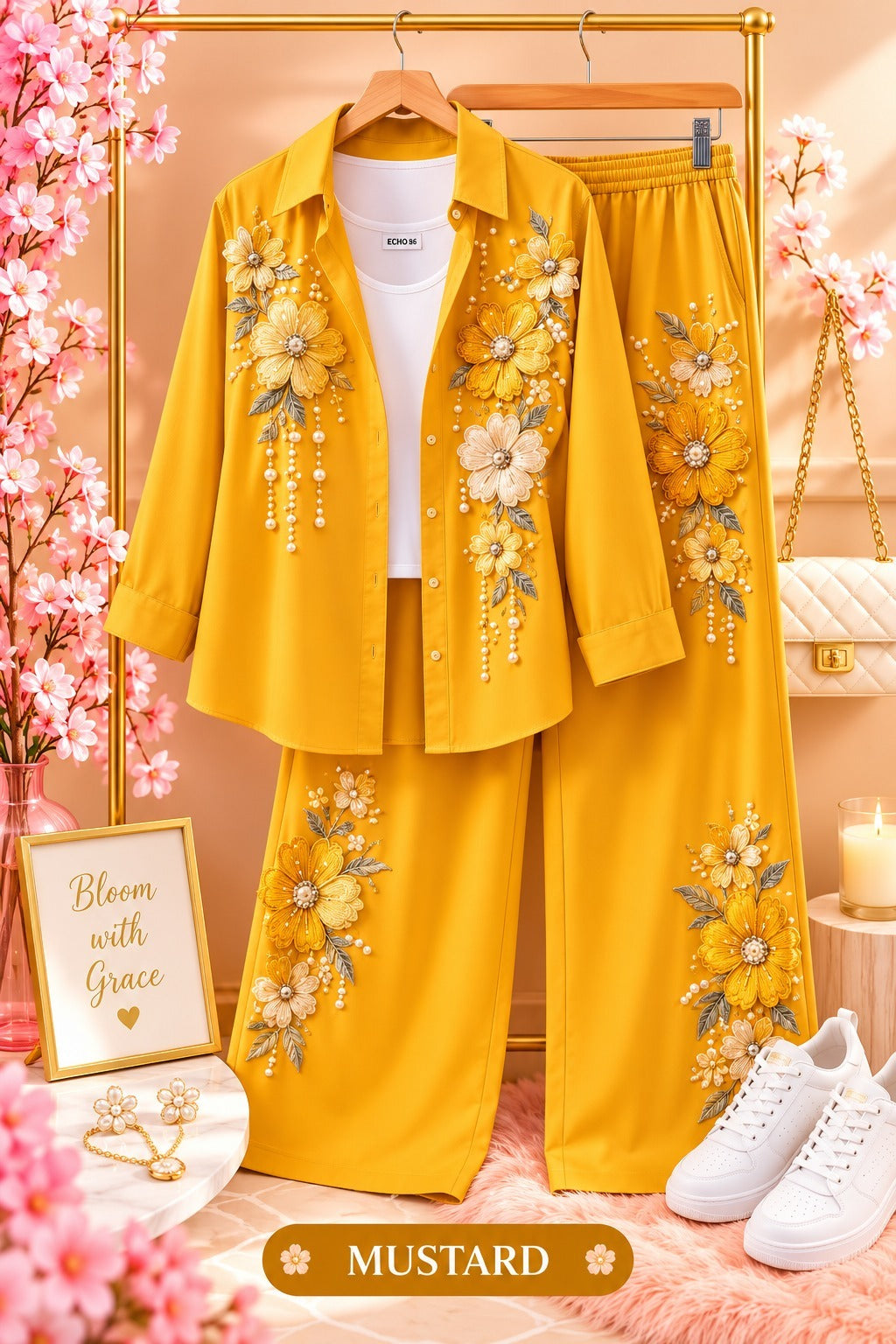 Floral Embroidered Shirt and Wide-Leg Pants