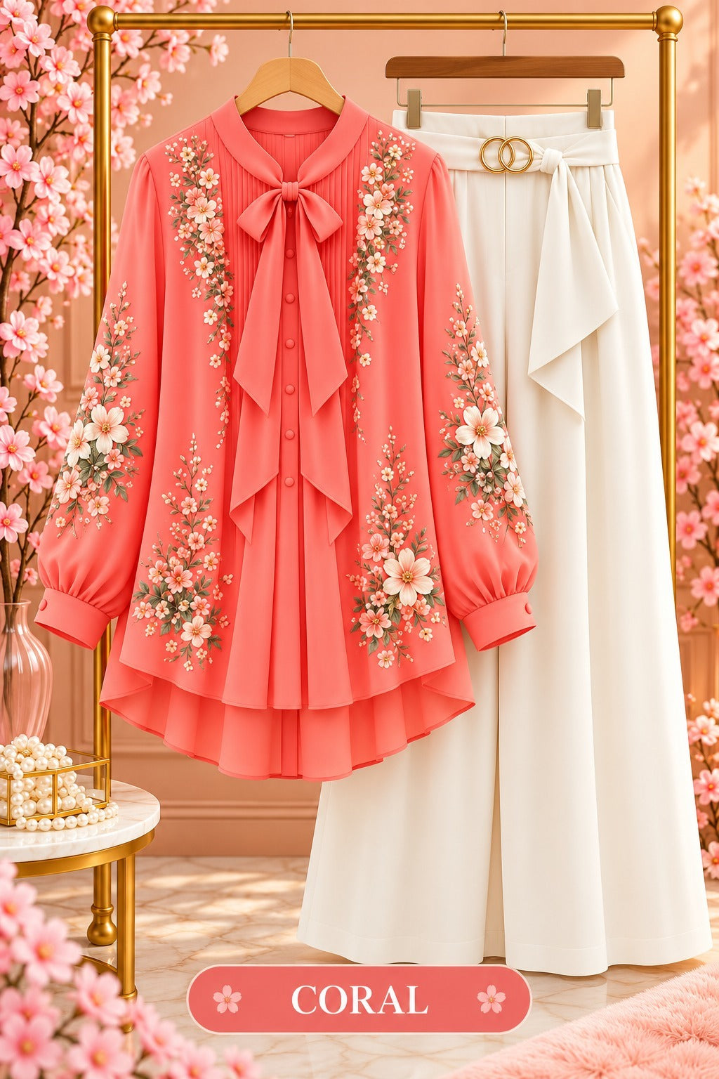 Floral Embroidered Bow Blouse & Wide-Leg Pants