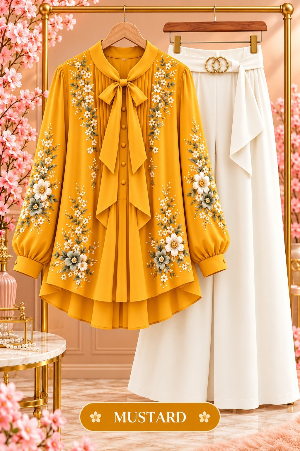 Floral Embroidered Bow Blouse & Wide-Leg Pants