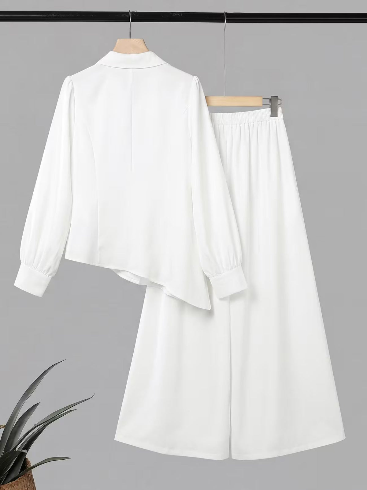 Button-Down Asymmetric Blouse and Wide-Leg Pants