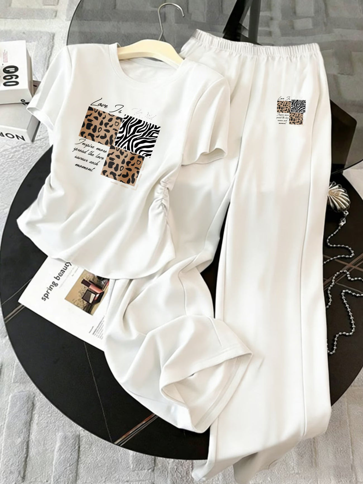 Contrast Trim Sweater and Wide-Leg Pants Co-Ord Set