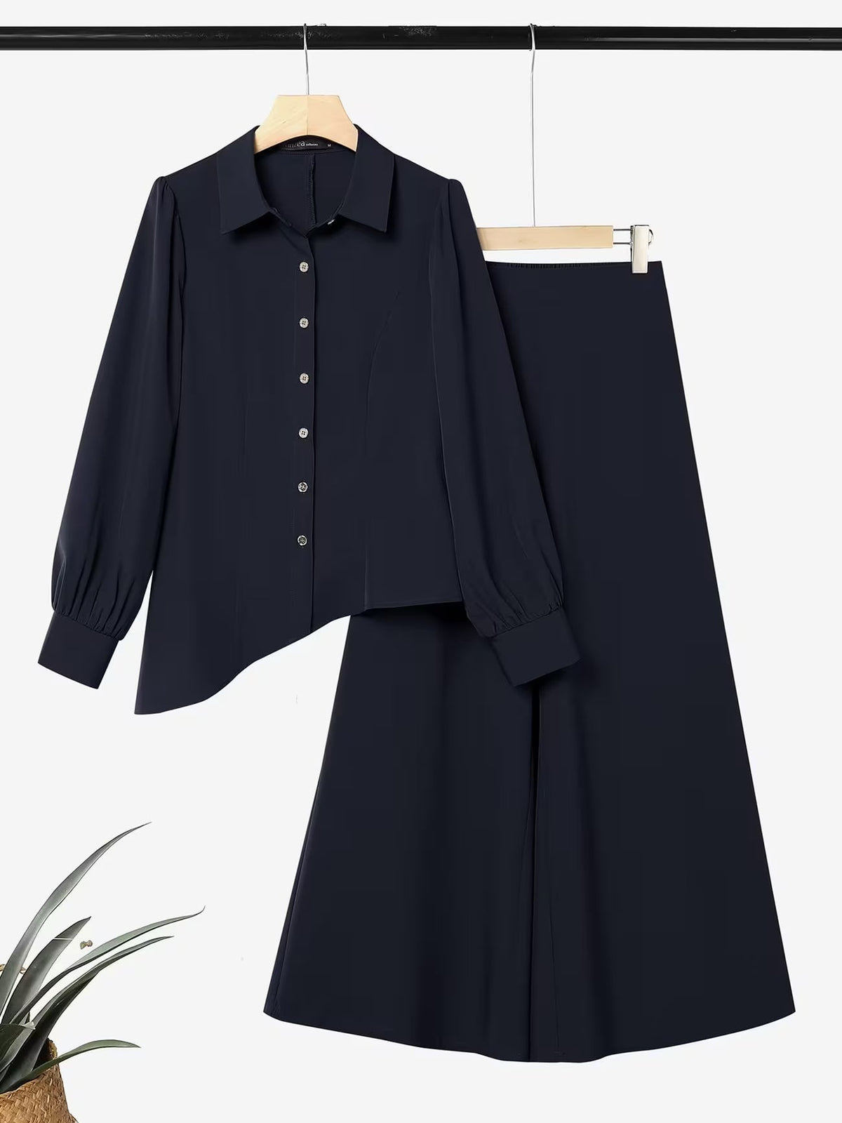 Button-Down Asymmetric Blouse and Wide-Leg Pants