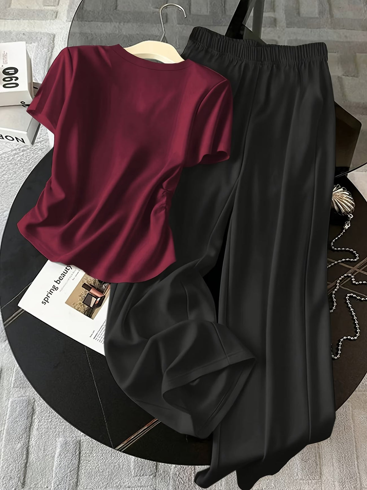 Contrast Trim Sweater and Wide-Leg Pants Co-Ord Set