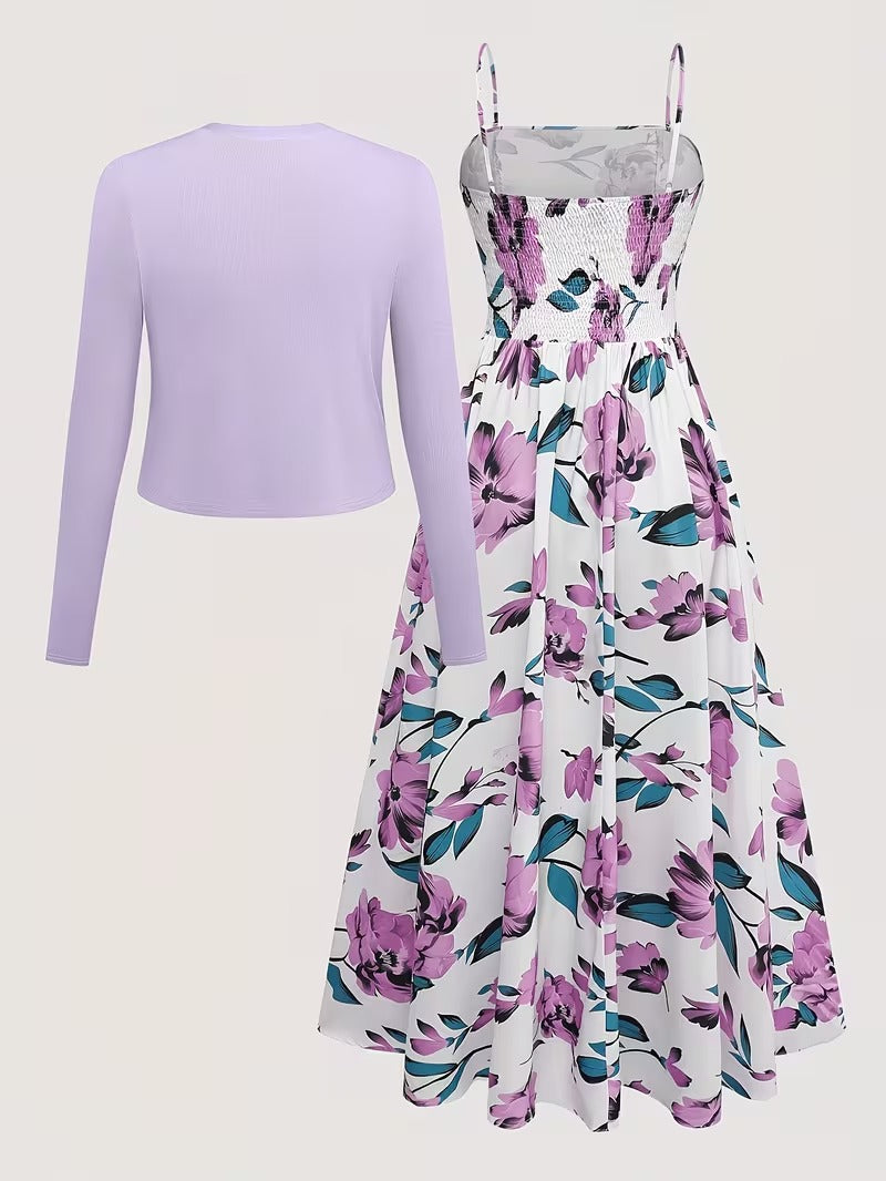 Women's Romantic Floral Dress & Lightweight Cardigan Set