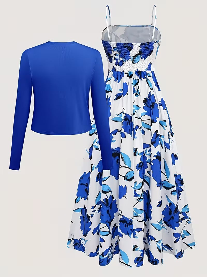 Women's Romantic Floral Dress & Lightweight Cardigan Set