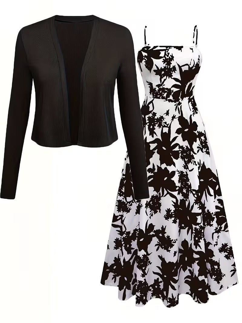 Women's Romantic Floral Dress & Lightweight Cardigan Set