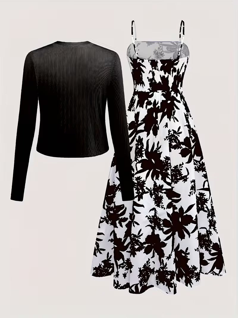 Women's Romantic Floral Dress & Lightweight Cardigan Set