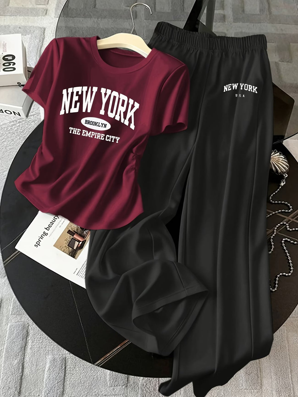 Contrast Trim Sweater and Wide-Leg Pants Co-Ord Set