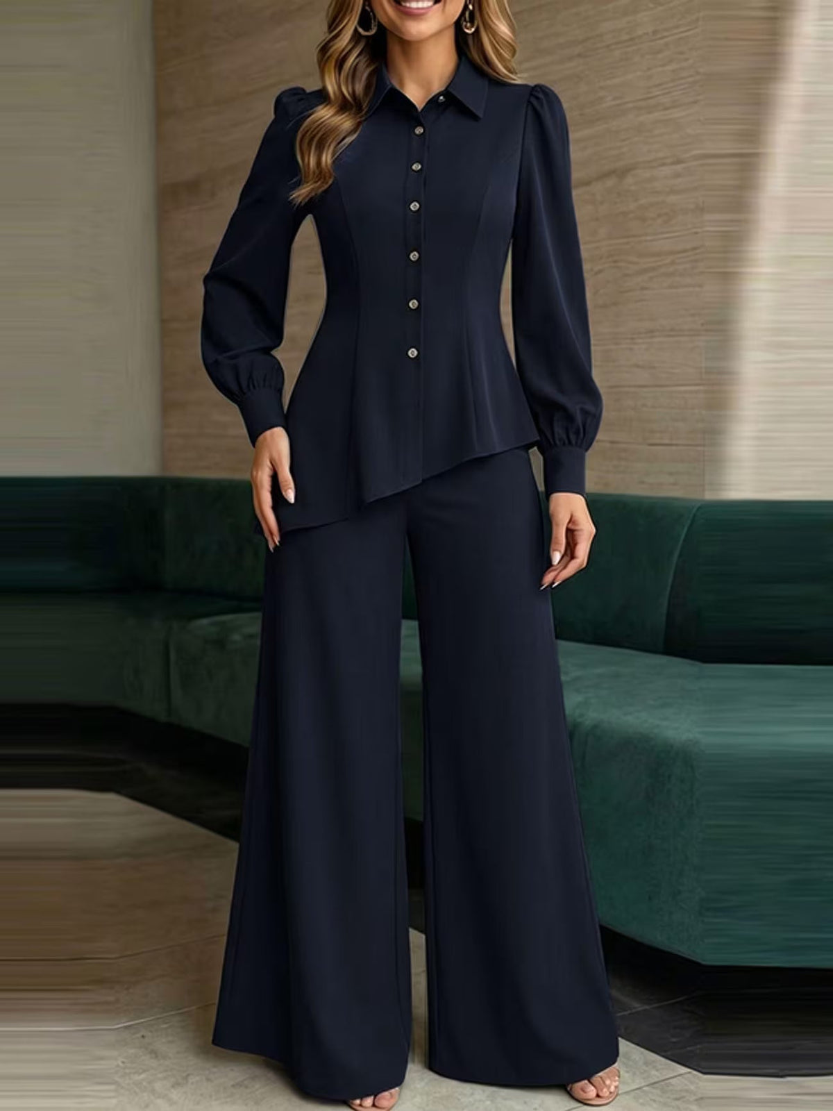 Button-Down Asymmetric Blouse and Wide-Leg Pants