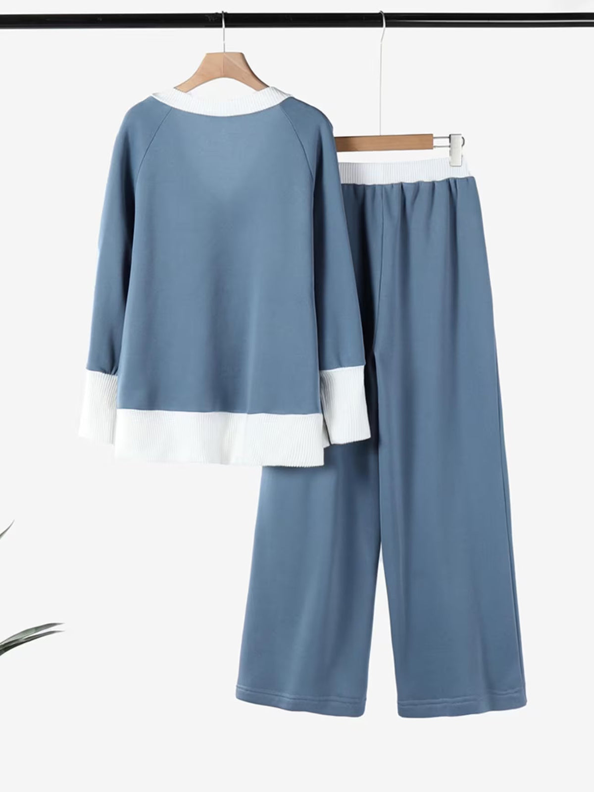 Contrast Trim Sweater and Wide-Leg Pants Co-Ord Set