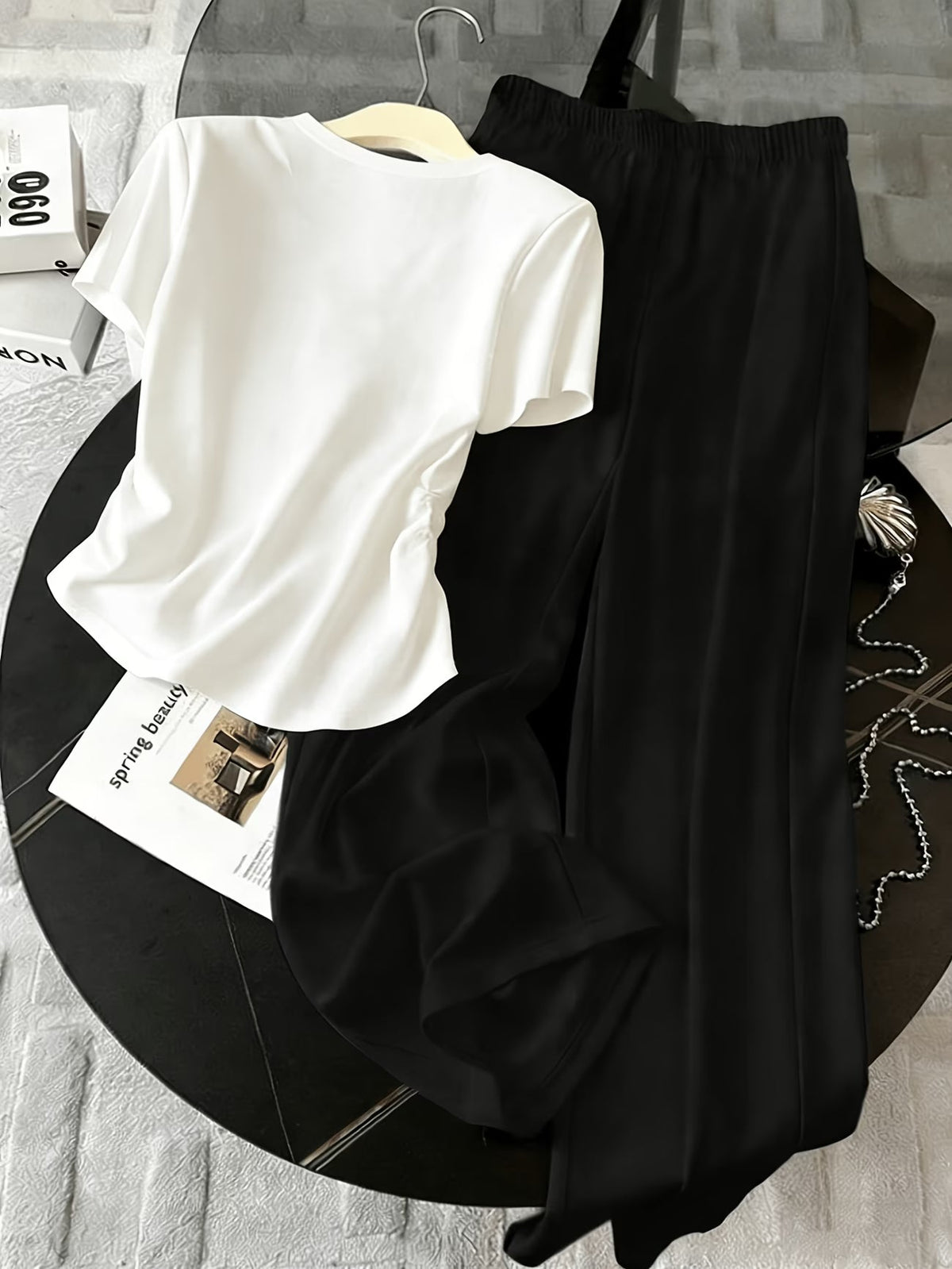 Contrast Trim Sweater and Wide-Leg Pants Co-Ord Set