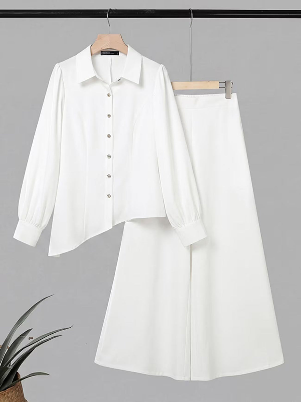 Button-Down Asymmetric Blouse and Wide-Leg Pants