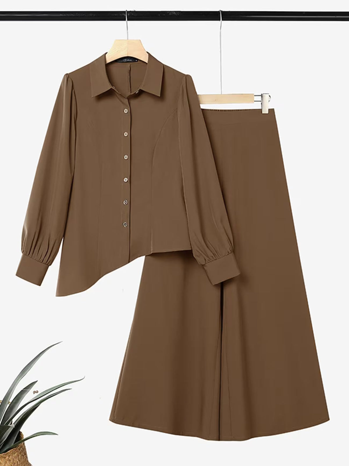 Button-Down Asymmetric Blouse and Wide-Leg Pants