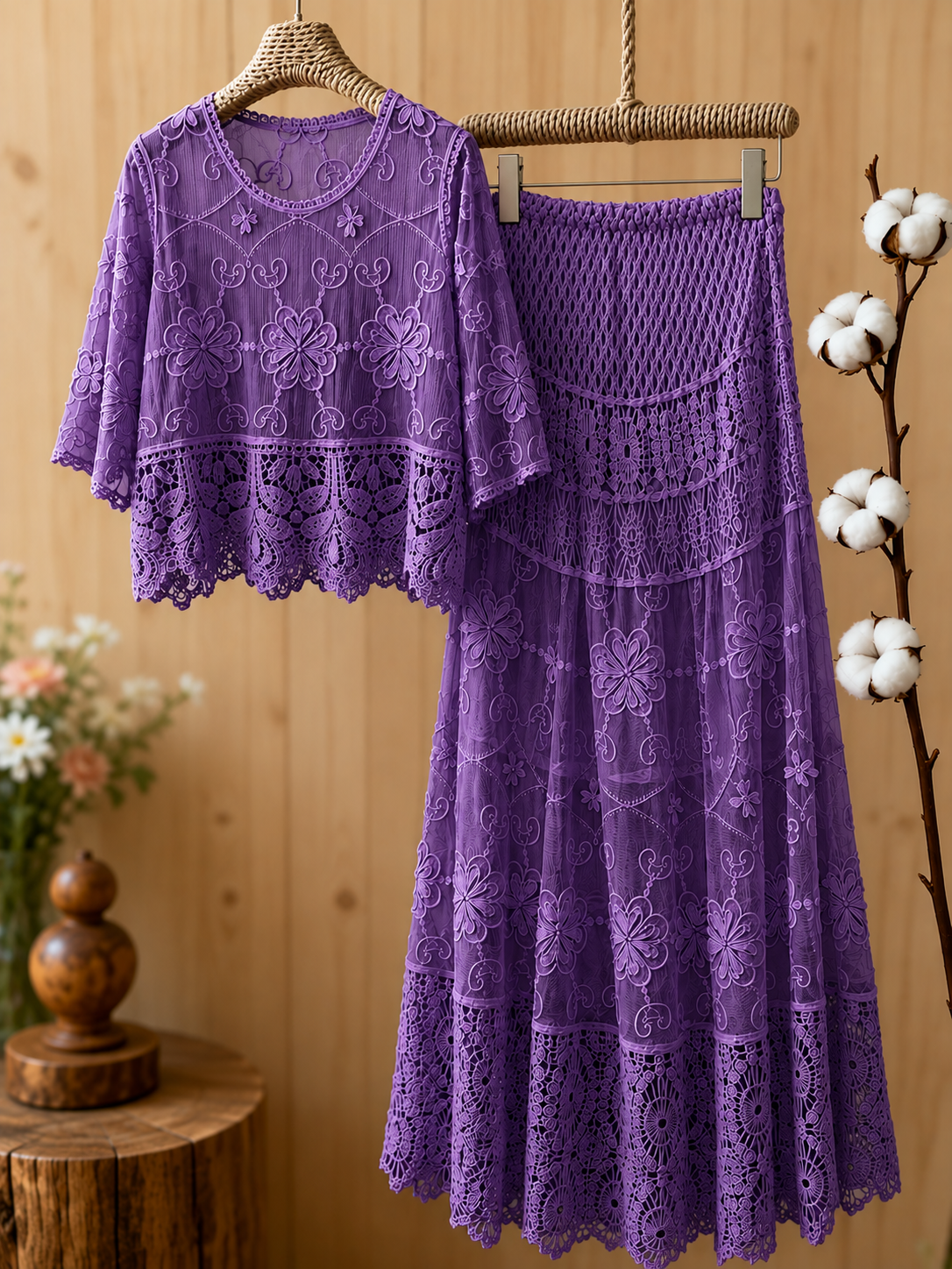 Women's Luxury French-Inspired Lace Top & Midi Skirt Set