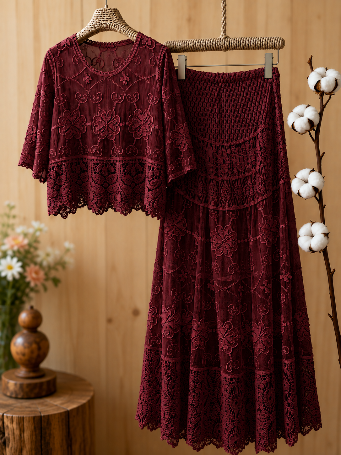 Women's Luxury French-Inspired Lace Top & Midi Skirt Set