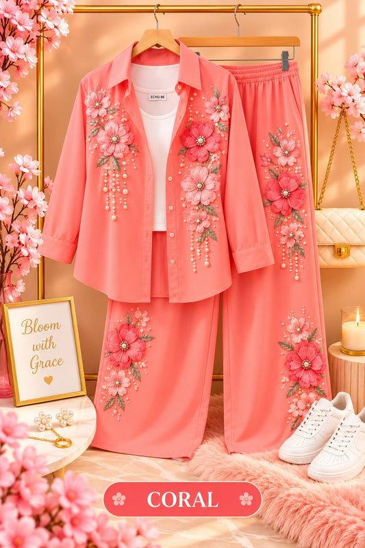 Floral Embroidered Shirt and Wide-Leg Pants