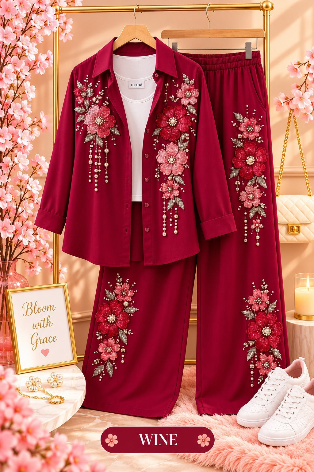 Floral Embroidered Shirt and Wide-Leg Pants