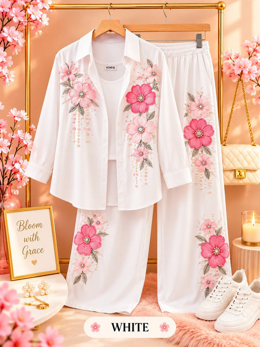 Floral Embroidered Shirt and Wide-Leg Pants