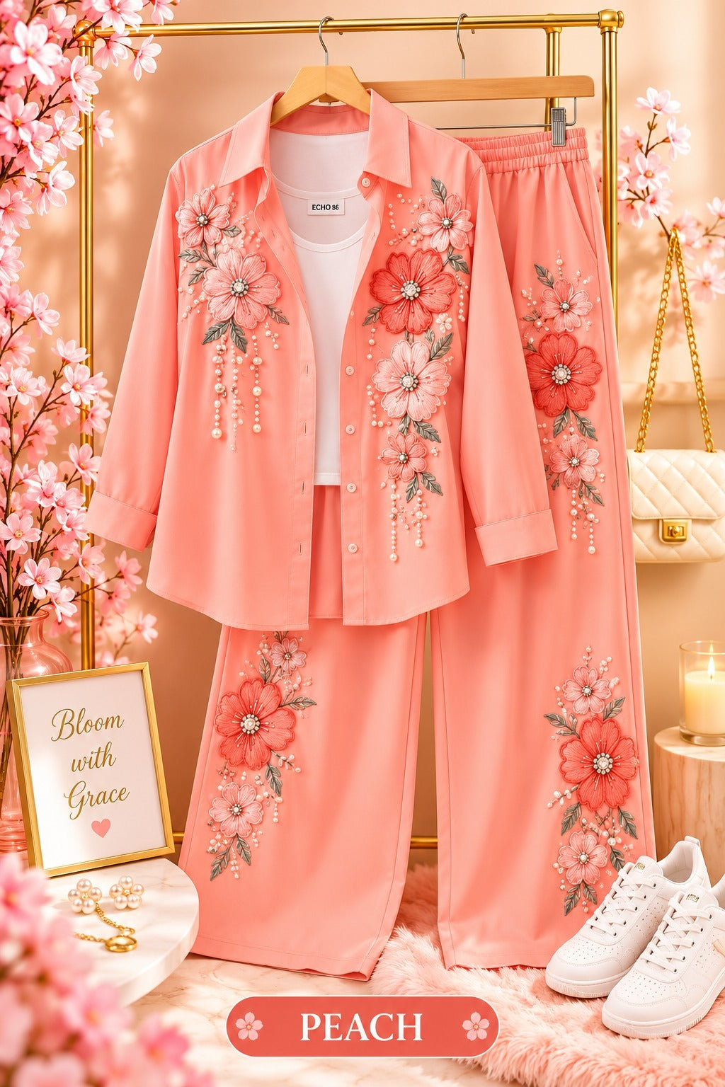 Floral Embroidered Shirt and Wide-Leg Pants