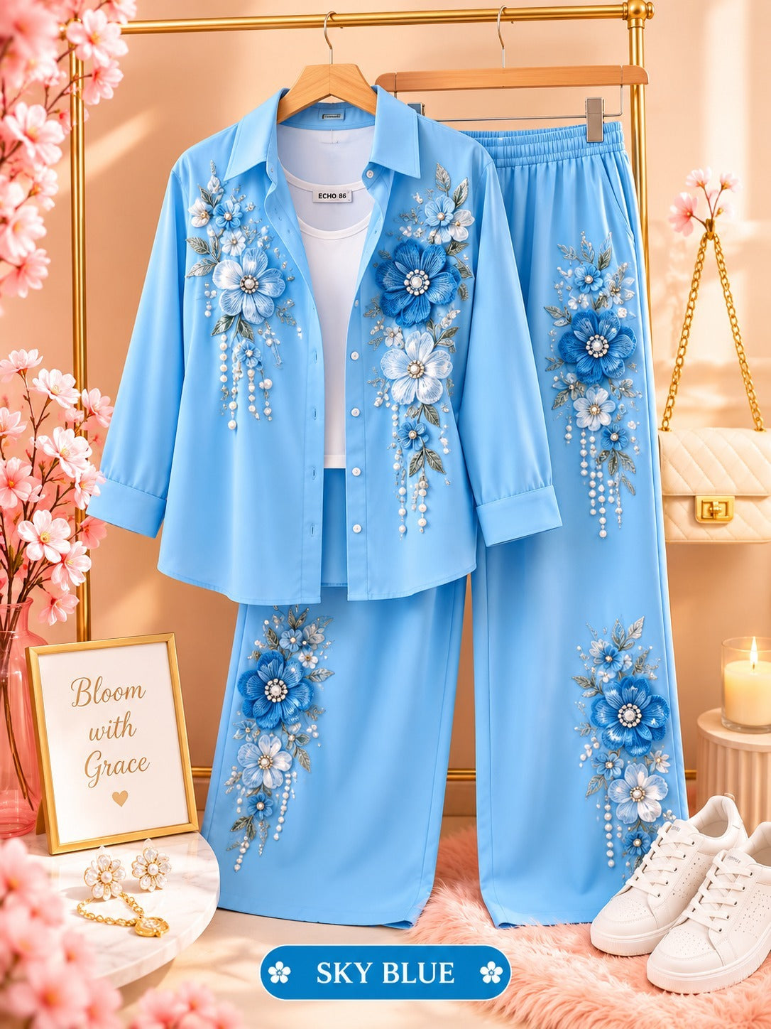 Floral Embroidered Shirt and Wide-Leg Pants