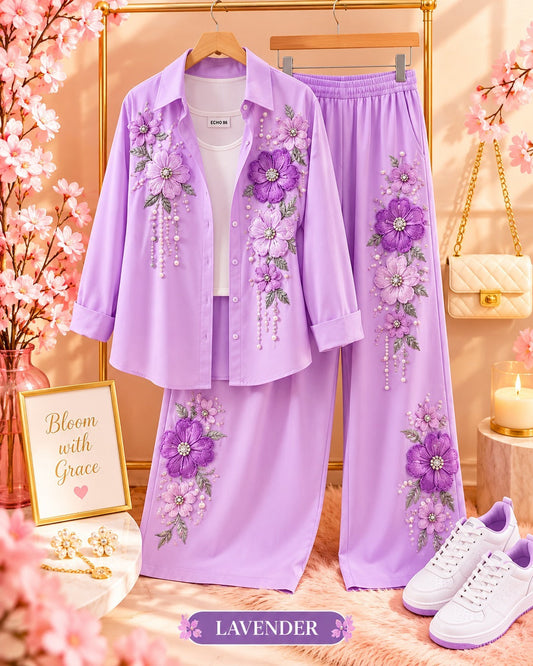 Floral Embroidered Shirt and Wide-Leg Pants