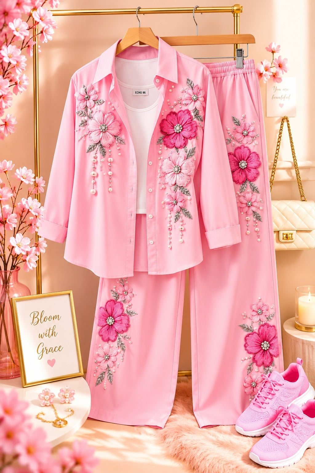 Floral Embroidered Shirt and Wide-Leg Pants