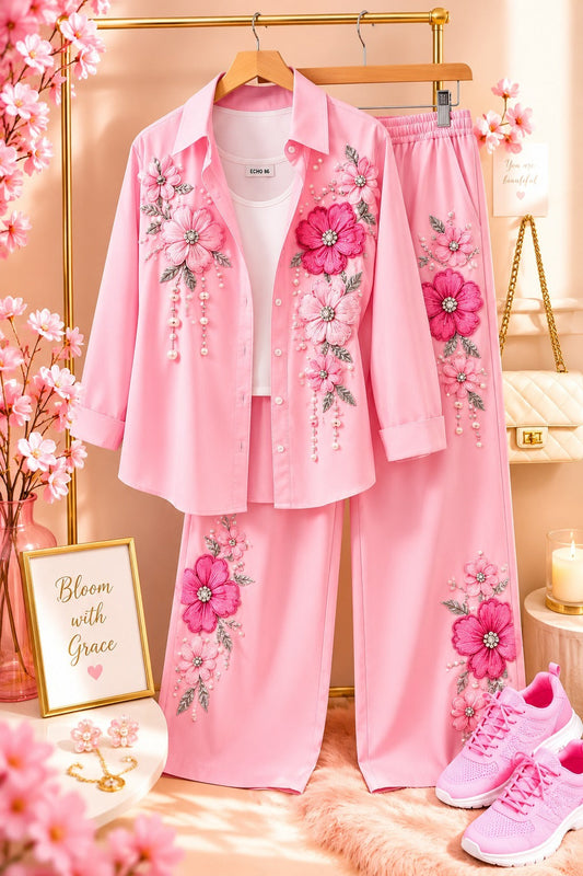 Floral Embroidered Shirt and Wide-Leg Pants
