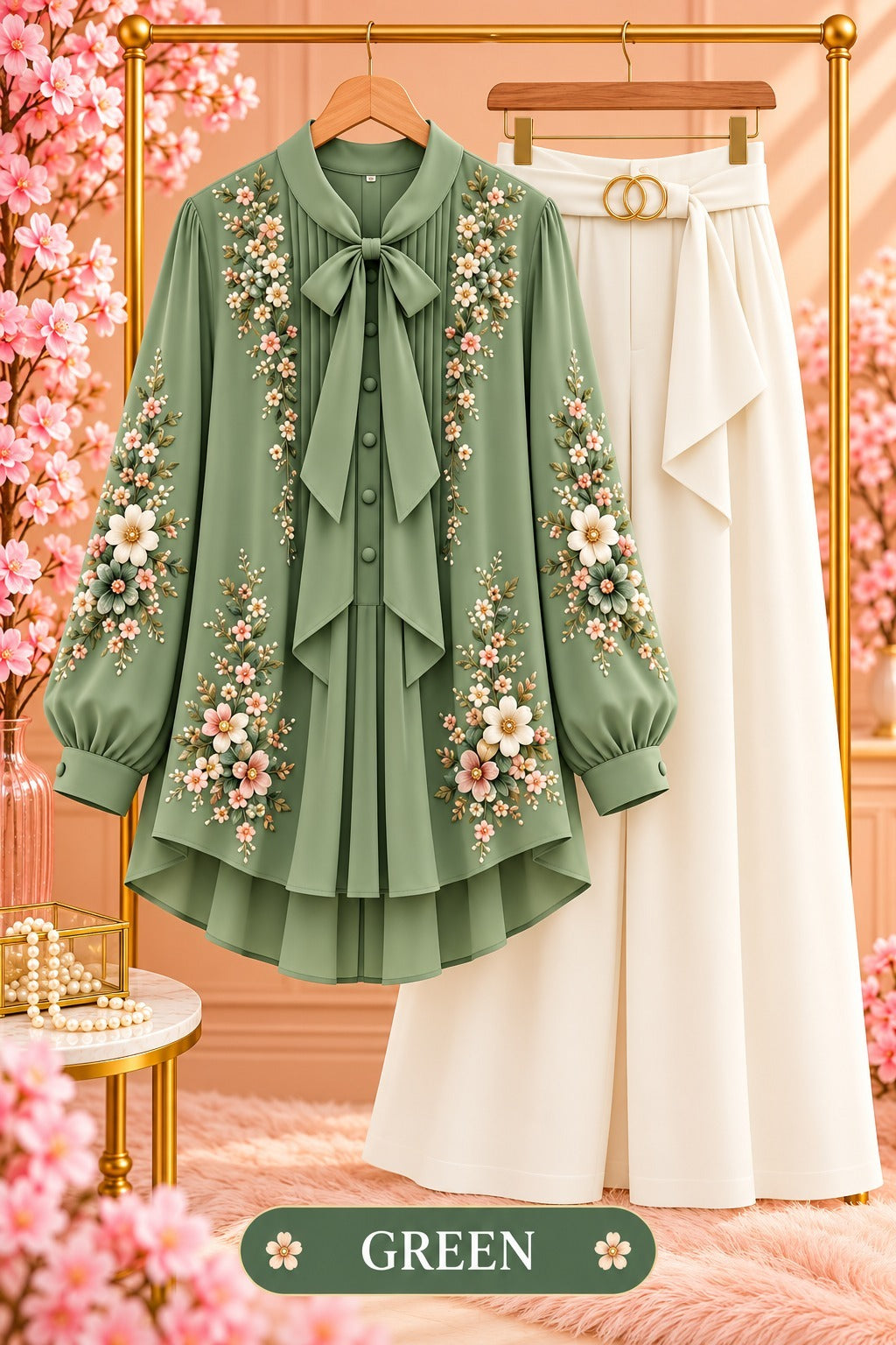 Floral Embroidered Bow Blouse & Wide-Leg Pants