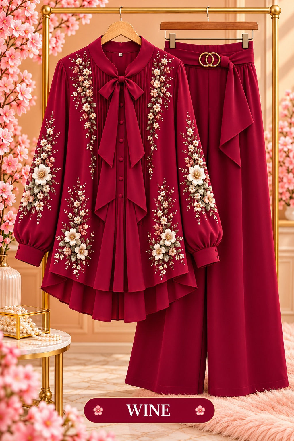 Floral Embroidered Bow Blouse & Wide-Leg Pants