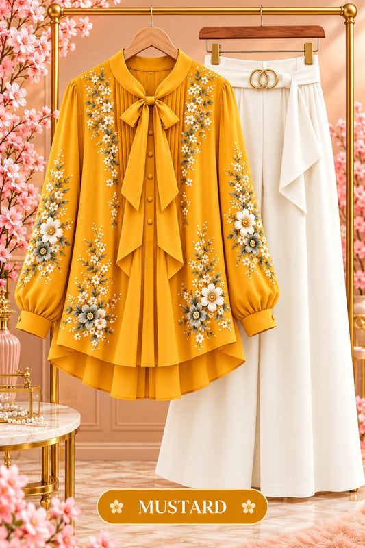 Floral Embroidered Bow Blouse & Wide-Leg Pants