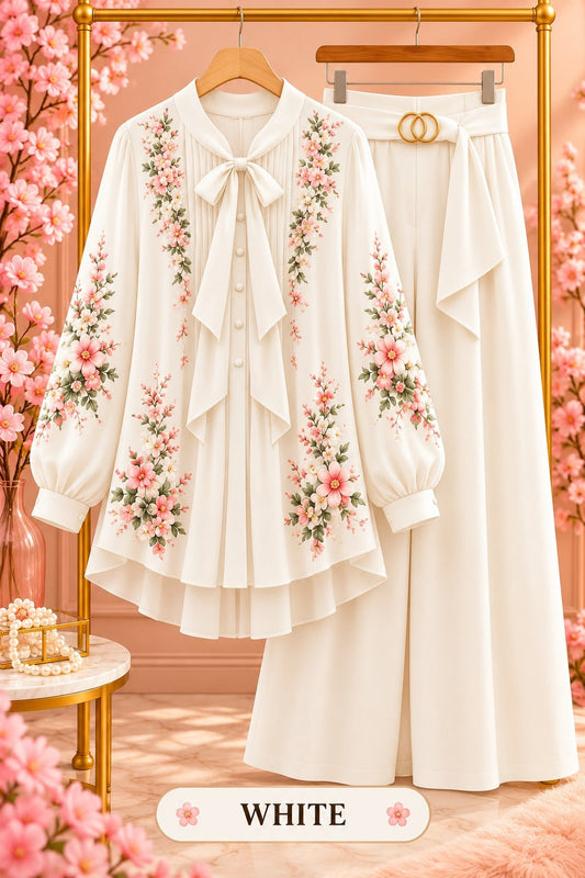 Floral Embroidered Bow Blouse & Wide-Leg Pants