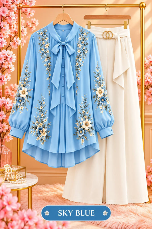 Floral Embroidered Bow Blouse & Wide-Leg Pants