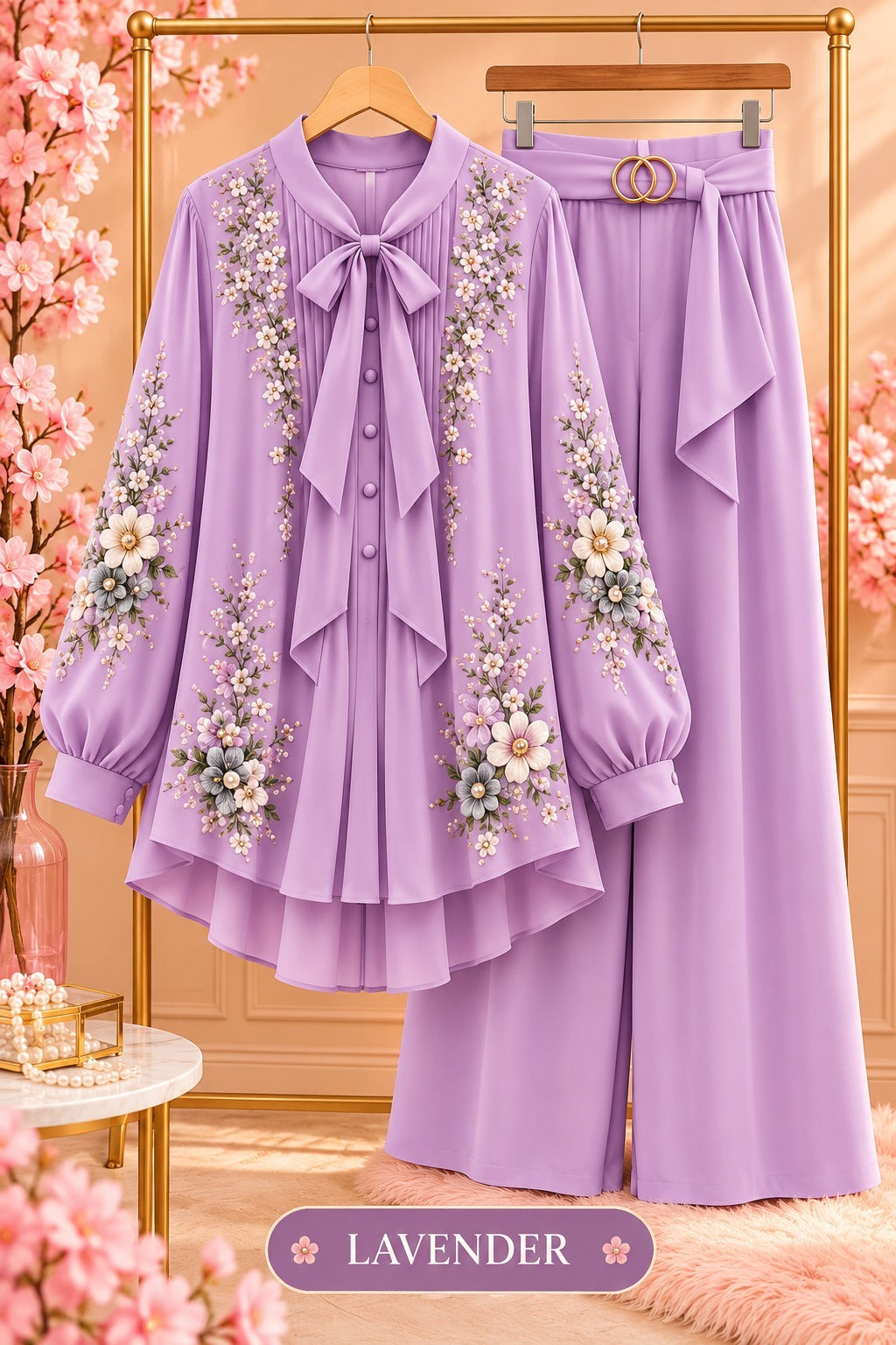 Floral Embroidered Bow Blouse & Wide-Leg Pants