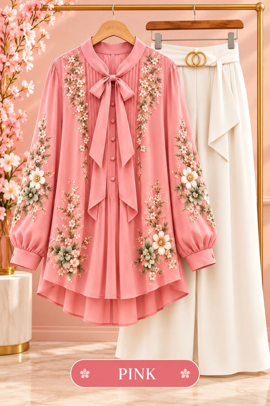 Floral Embroidered Bow Blouse & Wide-Leg Pants