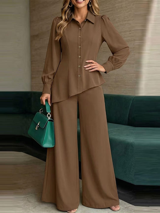 Button-Down Asymmetric Blouse and Wide-Leg Pants
