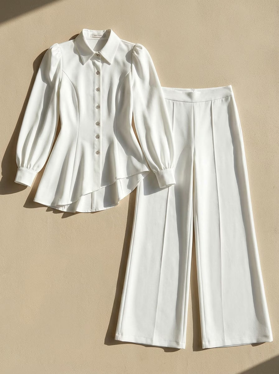 Button-Down Asymmetric Blouse and Wide-Leg Pants
