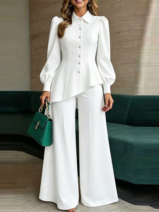 Button-Down Asymmetric Blouse and Wide-Leg Pants