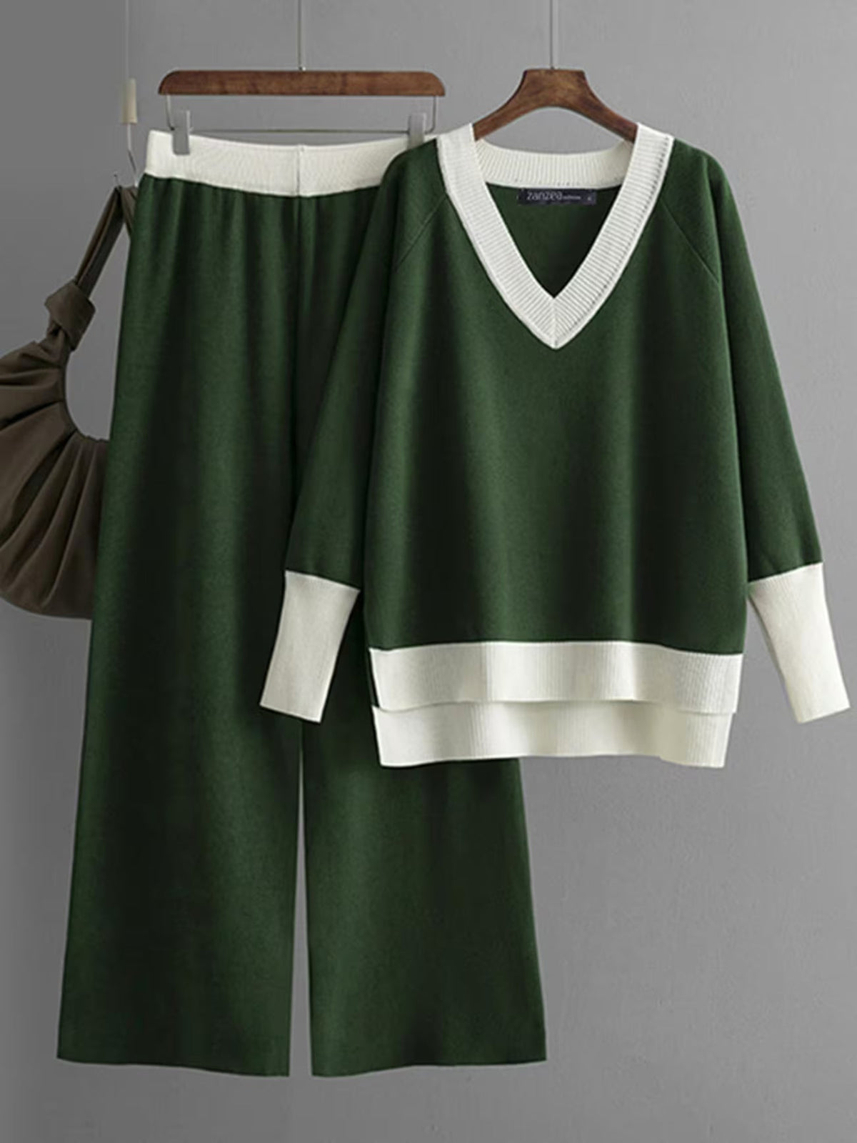 Contrast Trim Sweater and Wide-Leg Pants Co-Ord Set