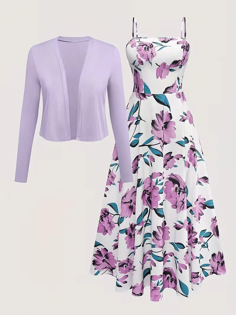 Women's Romantic Floral Dress & Lightweight Cardigan Set