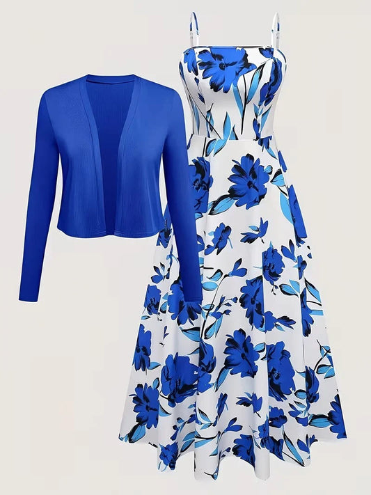 Women's Romantic Floral Dress & Lightweight Cardigan Set