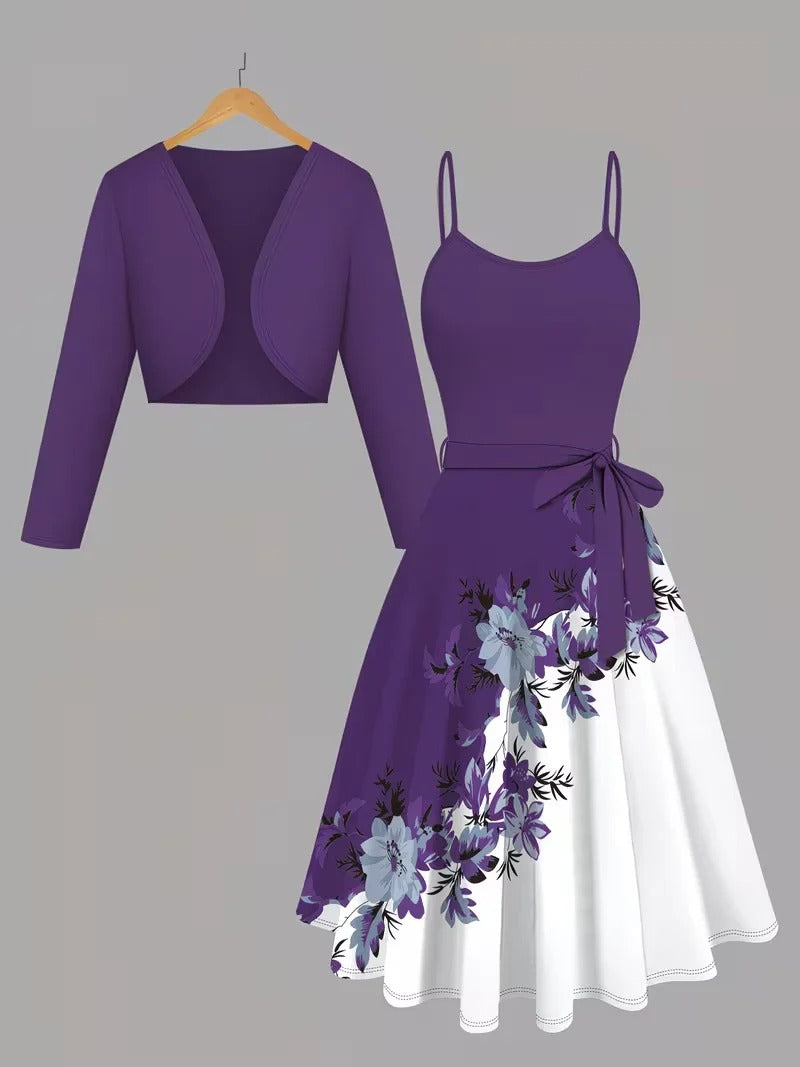 Women's Romantic Floral Dress & Lightweight Cardigan Set