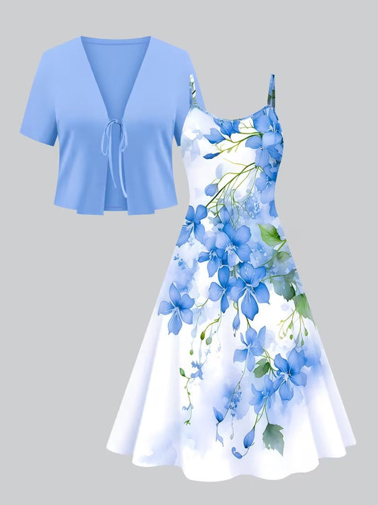 Women's Romantic Floral Dress & Lightweight Cardigan Set